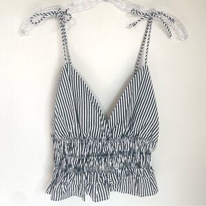 Sim & Sam Black White Striped Smocked Tie Strap Crop Top NWT